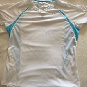 Nike Women's White and Light Blue Short Sleeve Tee
